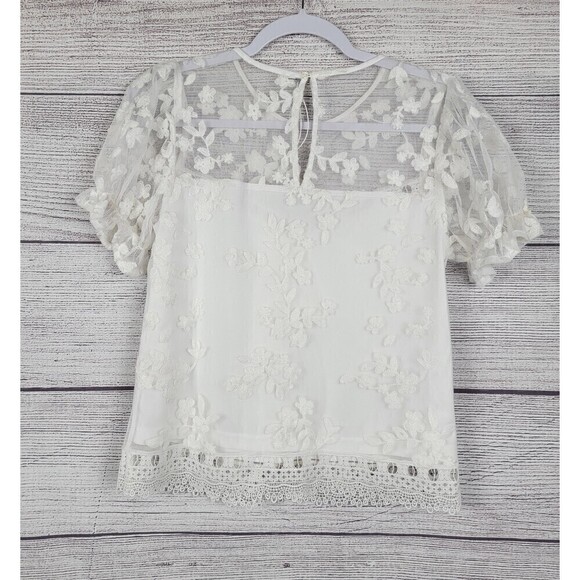 Laundry by Shelli Segal Floral Embroidered Lace Overlay Ruched Sleeve Blouse XS - Picture 2 of 6
